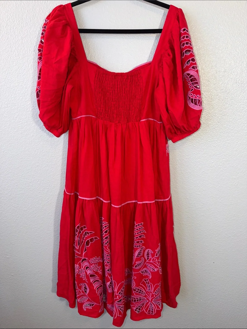 Farm Rio- Red Palm Tree Embroidered Puff-Sleeve-Midi Dress - Picture 10 of 12